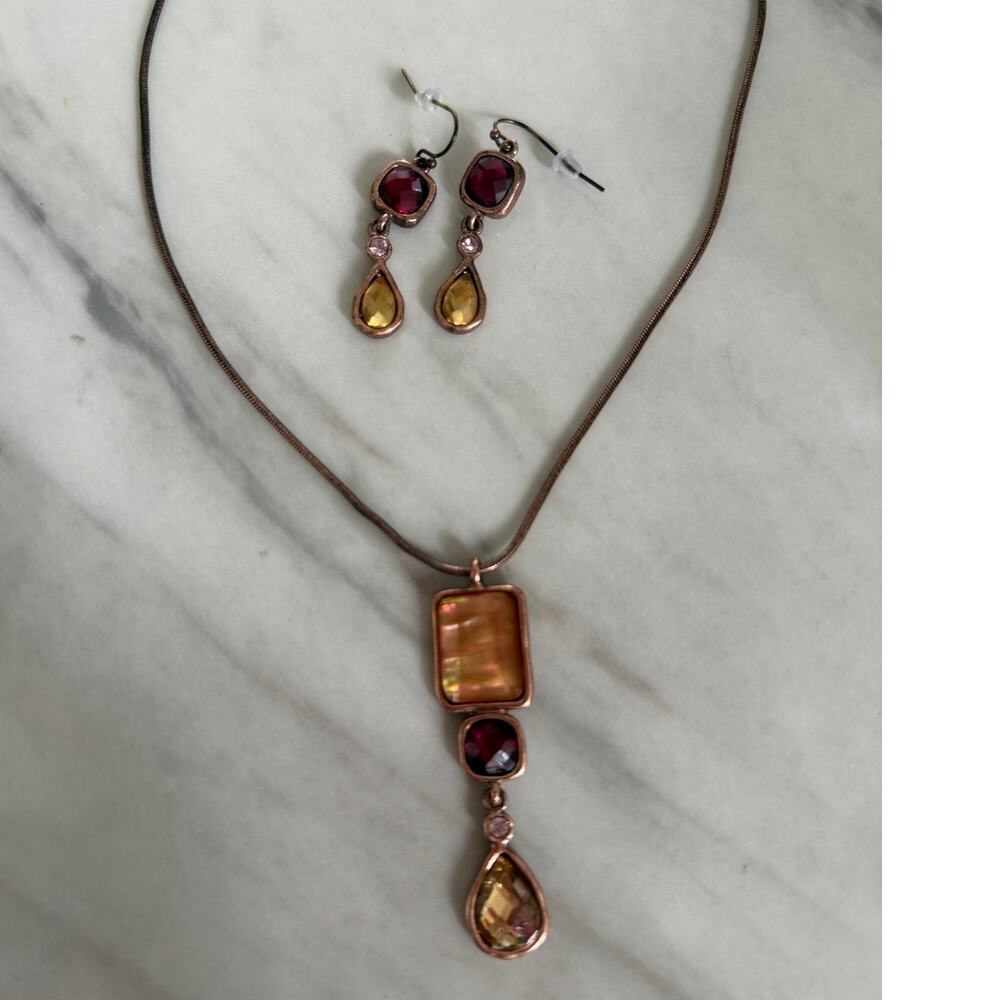 Lia Sophia "Parisian" Set Copper Earth Tone Faux Garnet Green Tan Stone Pendant